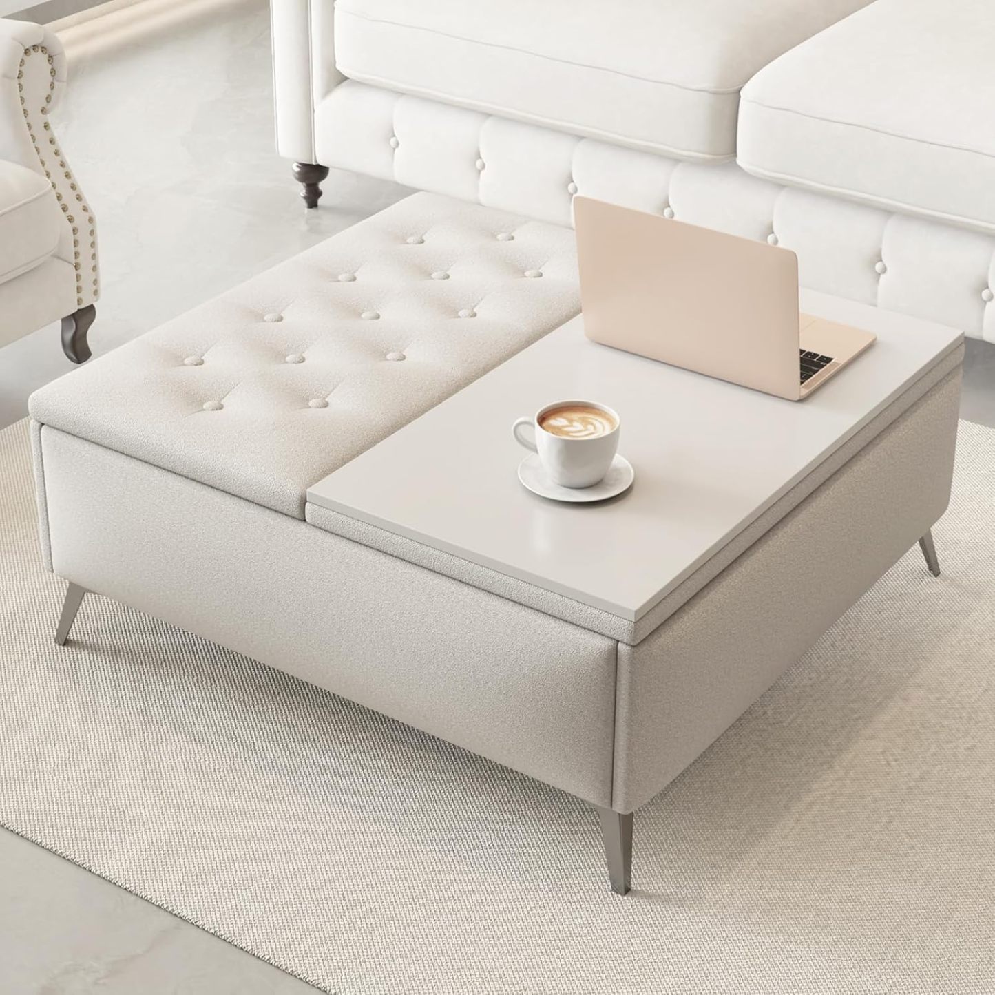 Square Storage Ottoman Bench, Linen Upholstered Coffee Table with Lift Top, Oversized End Bed Bench with Metal Legs