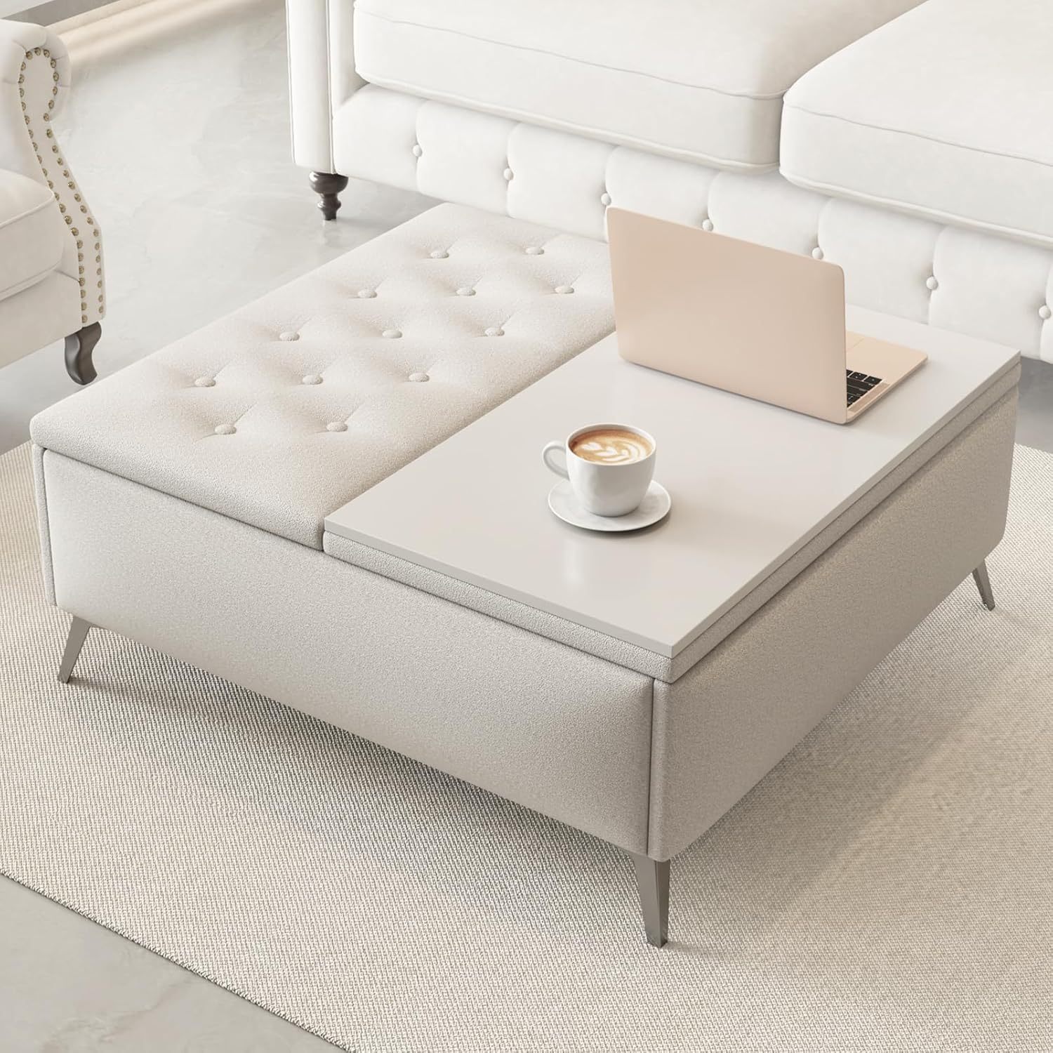 Square Storage Ottoman Bench, Linen Upholstered Coffee Table with Lift Top, Oversized End Bed Bench with Metal Legs