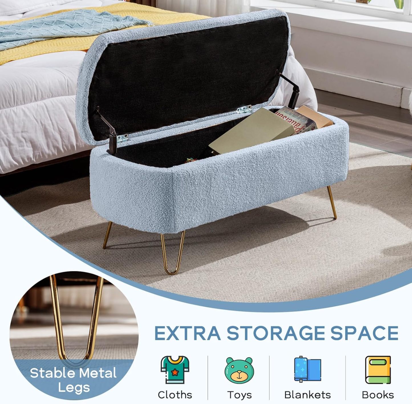 Modern Storage Ottoman Bench, Vintage Boucle Upholstered Entryway Bench, End of Bed Bench with Gold Legs