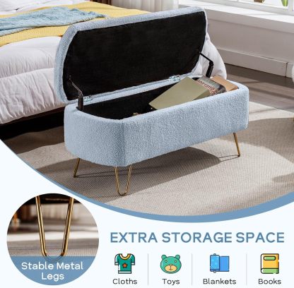 Modern Storage Ottoman Bench, Vintage Boucle Upholstered Entryway Bench, End of Bed Bench with Gold Legs