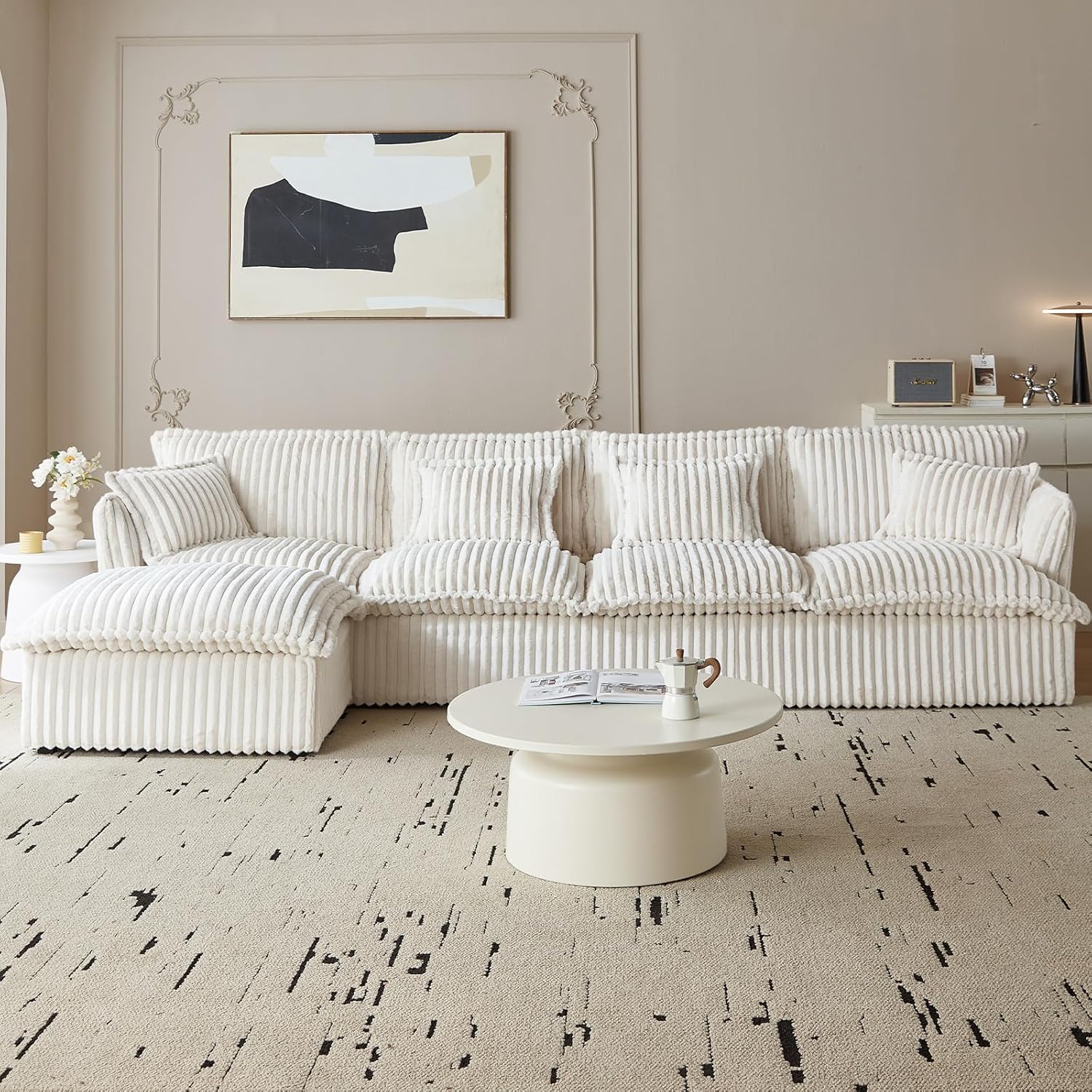 130.7" Corduroy Futon Couch, 4 Seater White Cloud Couch with Ottoman, Comfy Soft Sofa, Modern Corduroy Couch for Bedroom, Living Room