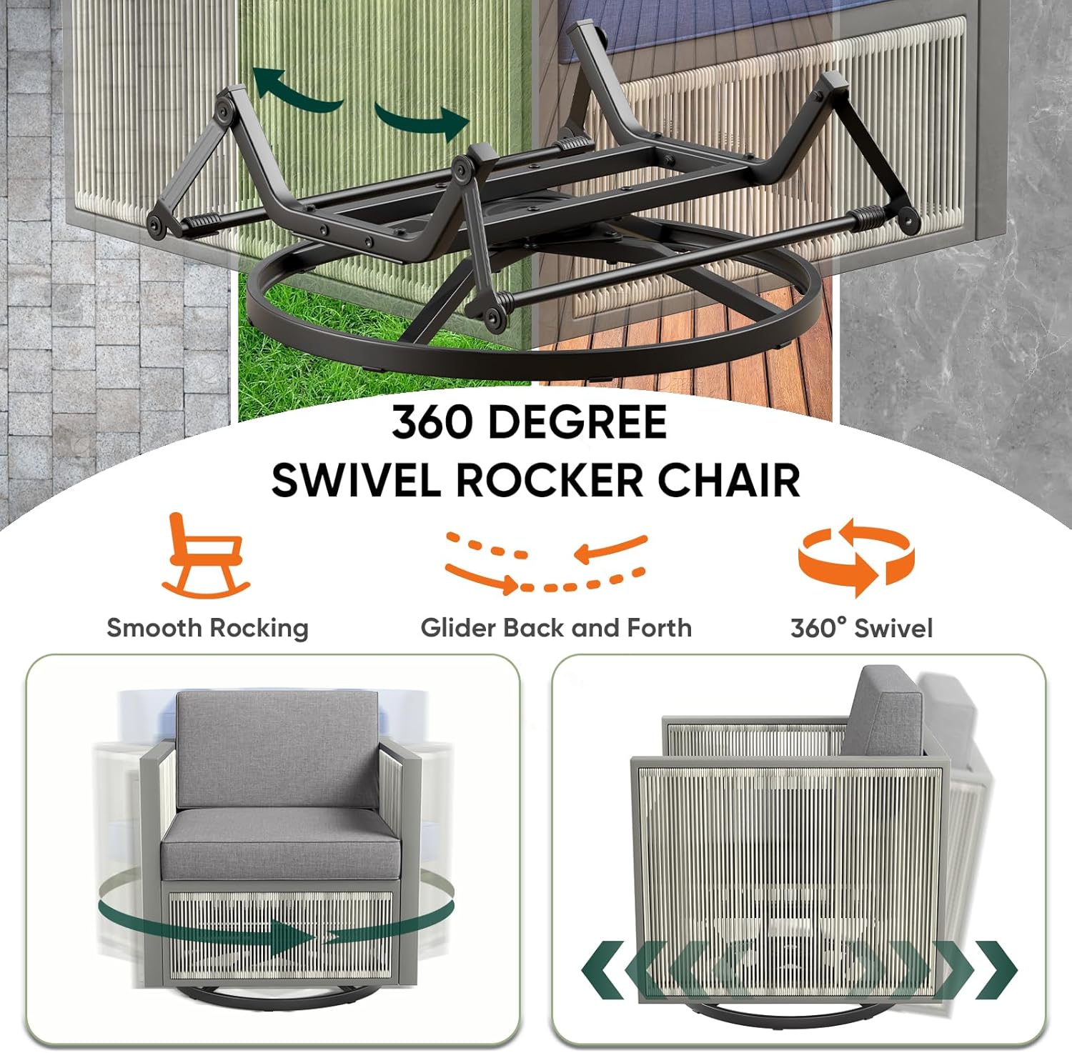 Rocking Chair Outdoor-High Back Swivel Rocking Chair with Ottoman Outdoor Patio Furniture Set for Patio Garden Porch