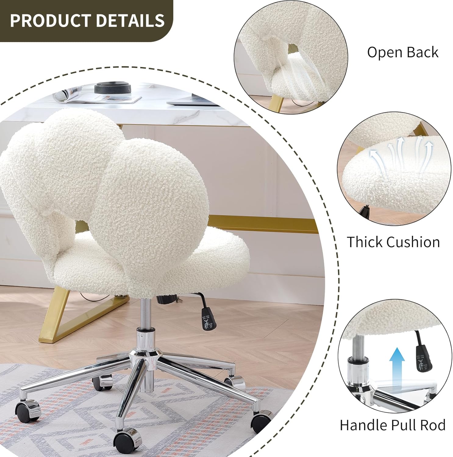 Cute Home Office Chair, Teddy Upholstered Desk Chair with Petal Back, Adjustable Home Desk Chair with Open Back