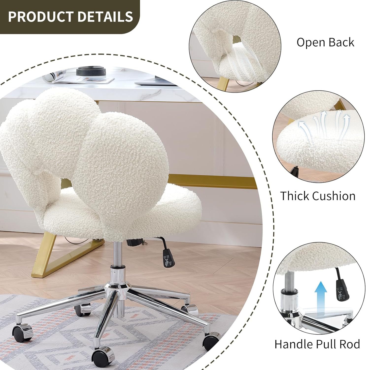 Cute Home Office Chair, Teddy Upholstered Desk Chair with Petal Back, Adjustable Home Desk Chair with Open Back