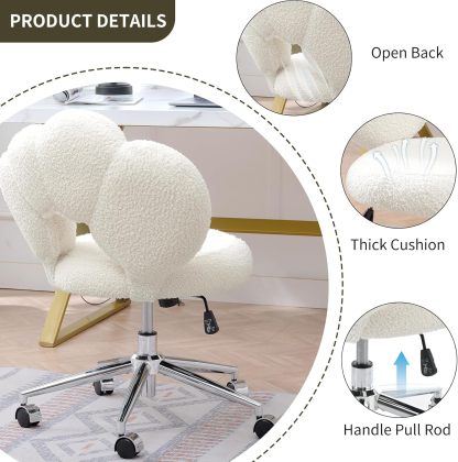 Cute Home Office Chair, Teddy Upholstered Desk Chair with Petal Back, Adjustable Home Desk Chair with Open Back