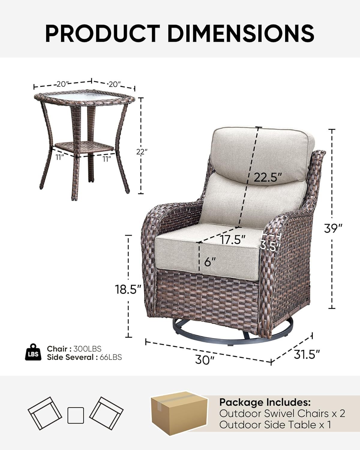 Outdoor Patio Wicker Swivel Rocker Chairs with 6-Inch Thick Cushion High Back 3 PCS