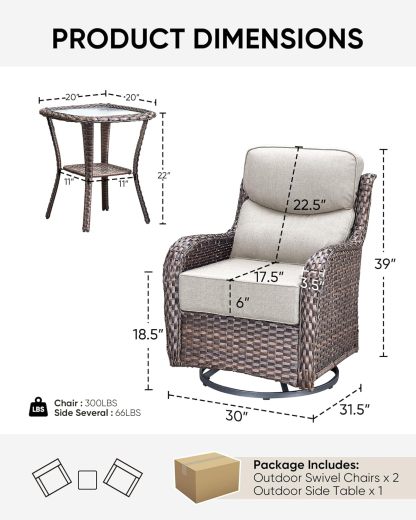 Outdoor Patio Wicker Swivel Rocker Chairs with 6-Inch Thick Cushion High Back 3 PCS