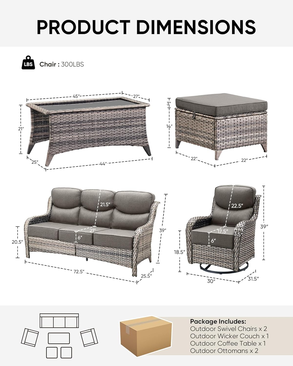 Wicker Patio Furniture Set 6 Inch Thick Cushion Outdoor Swivel Rocker Patio Chairs with Deep Seat Sofa 6PCS Outdoor Furniture Set