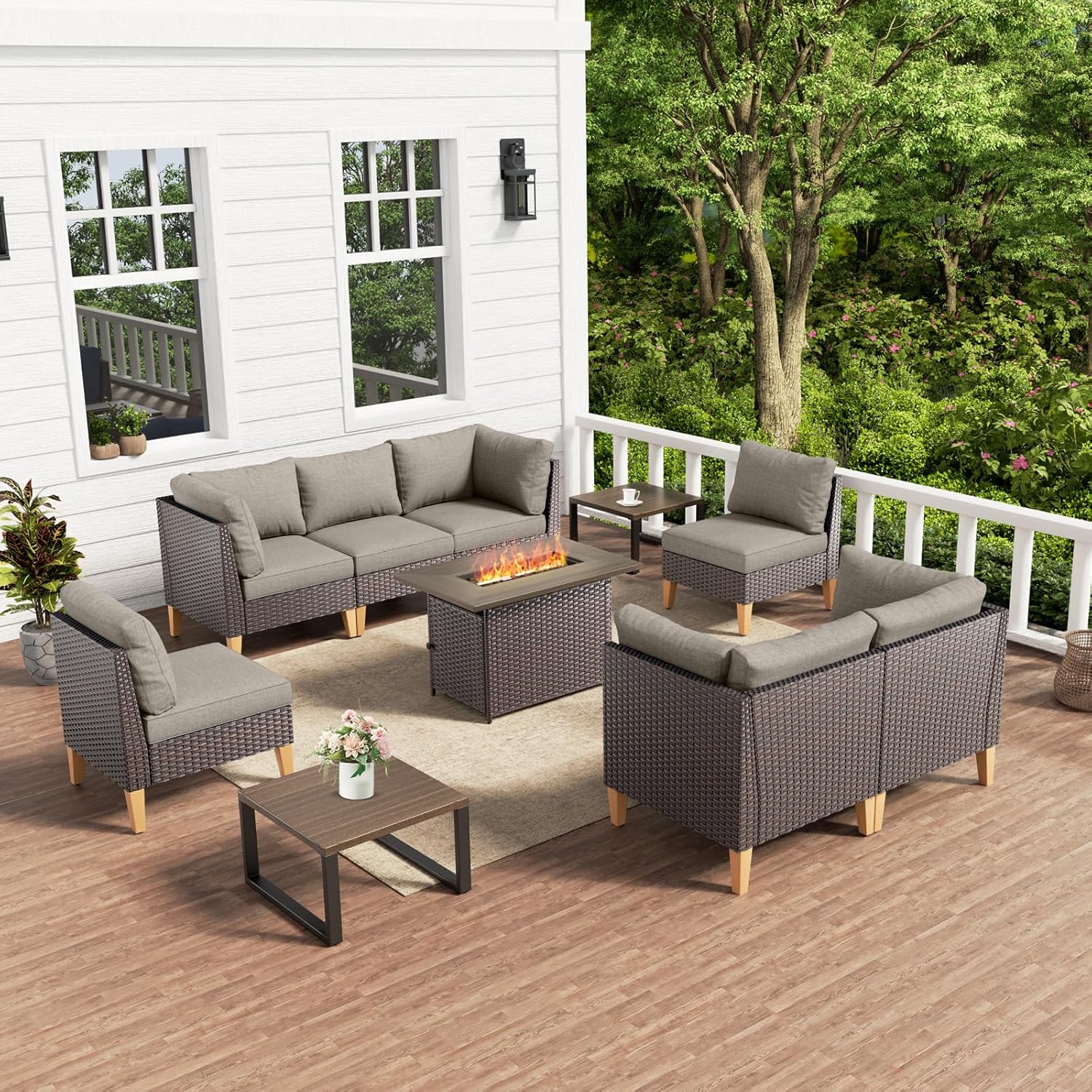 10 Pieces Patio Furniture Set with Fire Pit,Outdoor Modular Sectional Couch Loveseat Chairs with Table,All Weather PE Wicker Patio Conversation Sets for Deck Porch Backyard