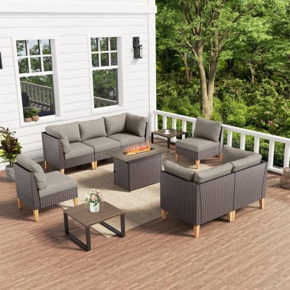 10 Pieces Patio Furniture Set with Fire Pit,Outdoor Modular Sectional Couch Loveseat Chairs with Table,All Weather PE Wicker Patio Conversation Sets for Deck Porch Backyard