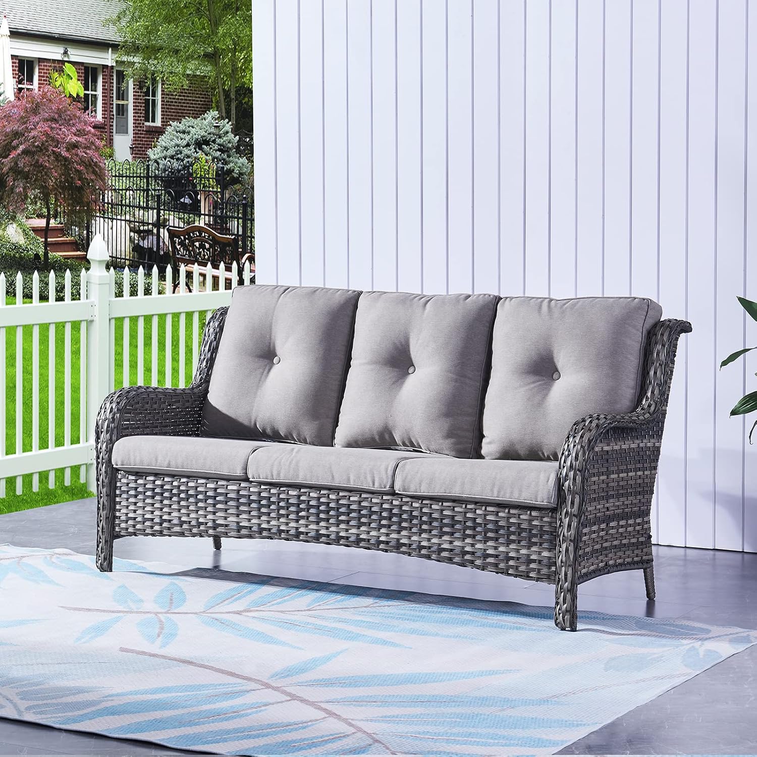 Patio Furniture with Fire Pit 6-Piece Wicker Outdoor Sectional Couch with Swivel Rocking Chairs, Propane Fire Pit Conversation Set