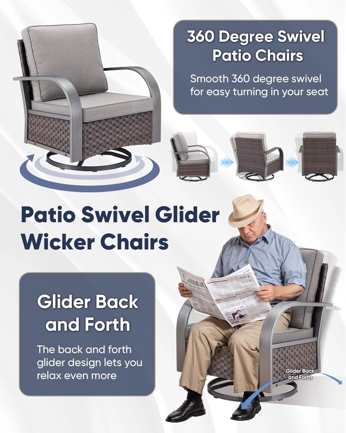 Patio Swivel Glider Outdoor Chair-All Weather Rattan Wicker Patio Swivel Rocking Chairs Porch Chair for Deck Porch Lawn Garden Backyard-Brown/Grey