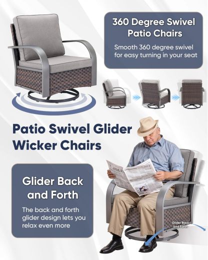 Patio Swivel Glider Outdoor Chair-All Weather Rattan Wicker Patio Swivel Rocking Chairs Porch Chair for Deck Porch Lawn Garden Backyard-Brown/Grey