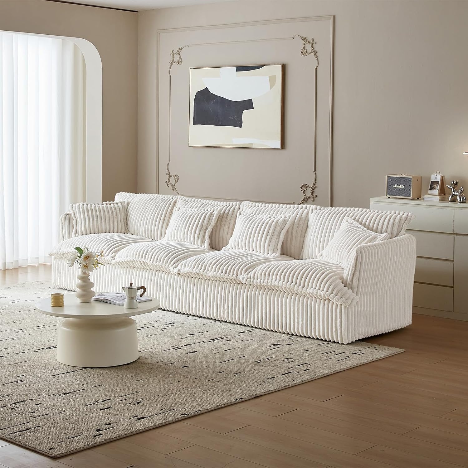 130.7" Corduroy Futon Couch, 4 Seater White Cloud Couch, Comfy Soft Sofa, Modern Corduroy Couch for Bedroom, Floor Couch for Living Room, Memory Foam Modular Cloud Couch (White, 4 Seater)