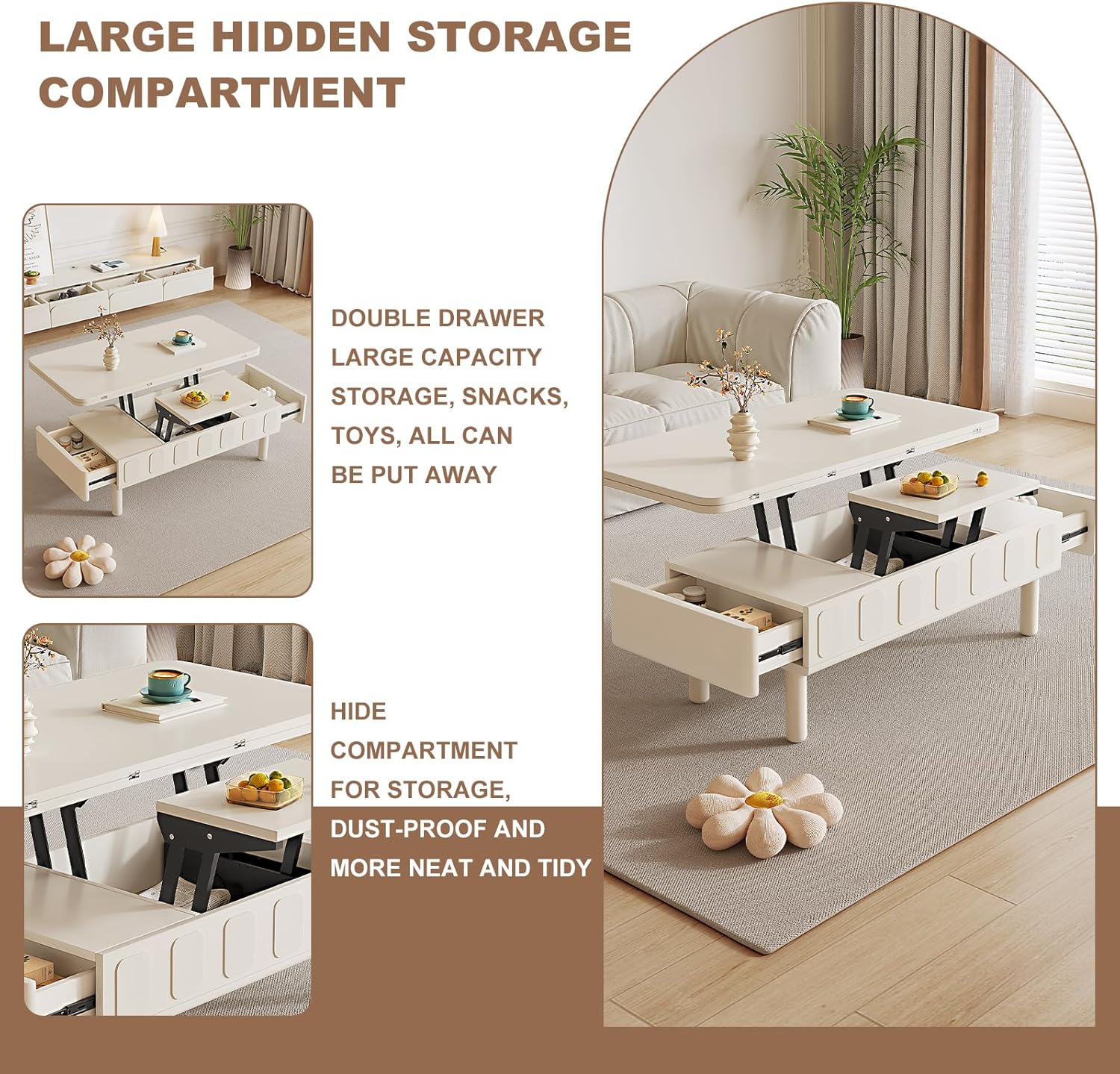 43.3" Modern Coffee Table, White Lift Top Coffee Table for Living Room, Boho Lift Table with Hidden Compartment and Adjustable Storage Shelf