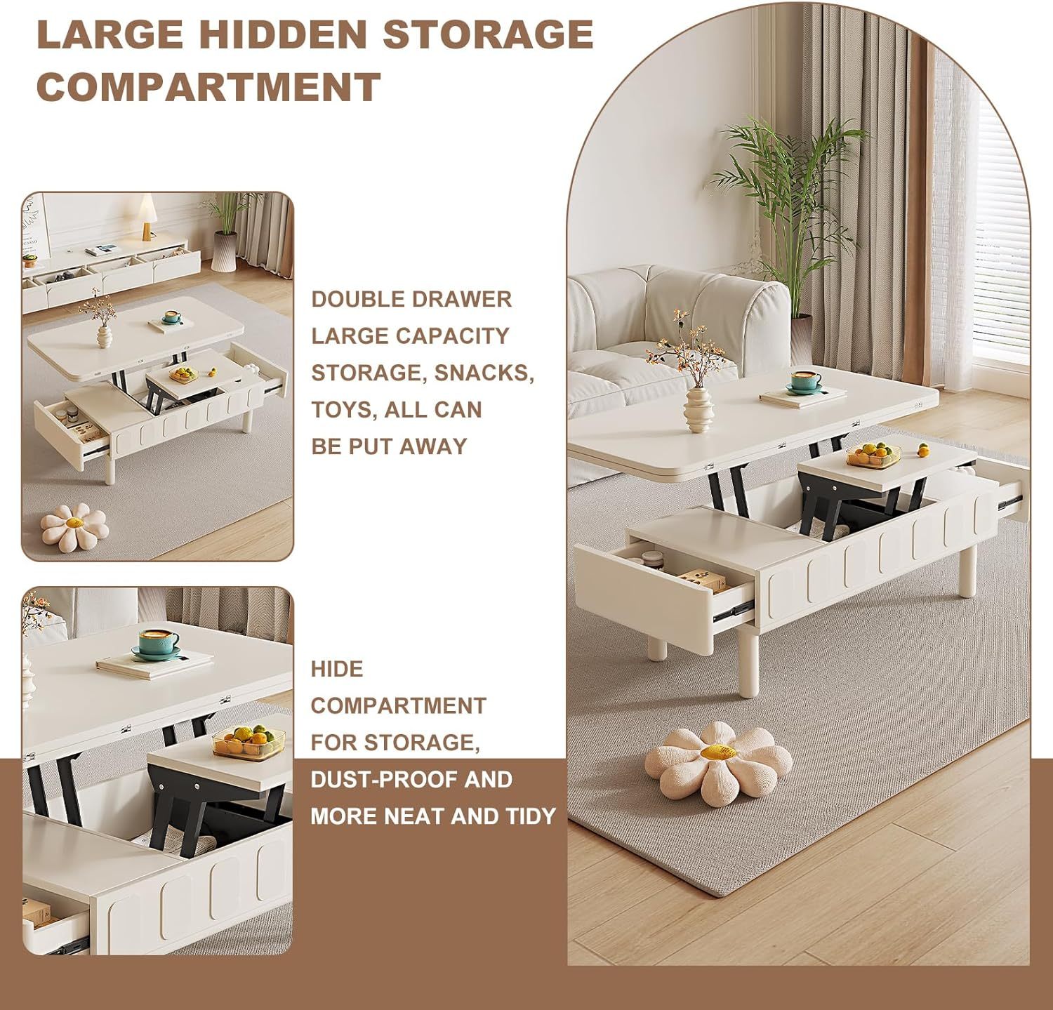 43.3" Modern Coffee Table, White Lift Top Coffee Table for Living Room, Boho Lift Table with Hidden Compartment and Adjustable Storage Shelf