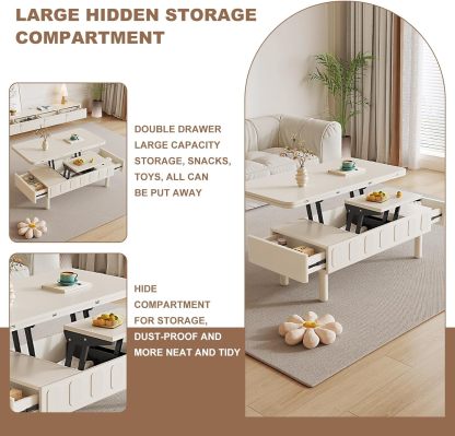 43.3" Modern Coffee Table, White Lift Top Coffee Table for Living Room, Boho Lift Table with Hidden Compartment and Adjustable Storage Shelf