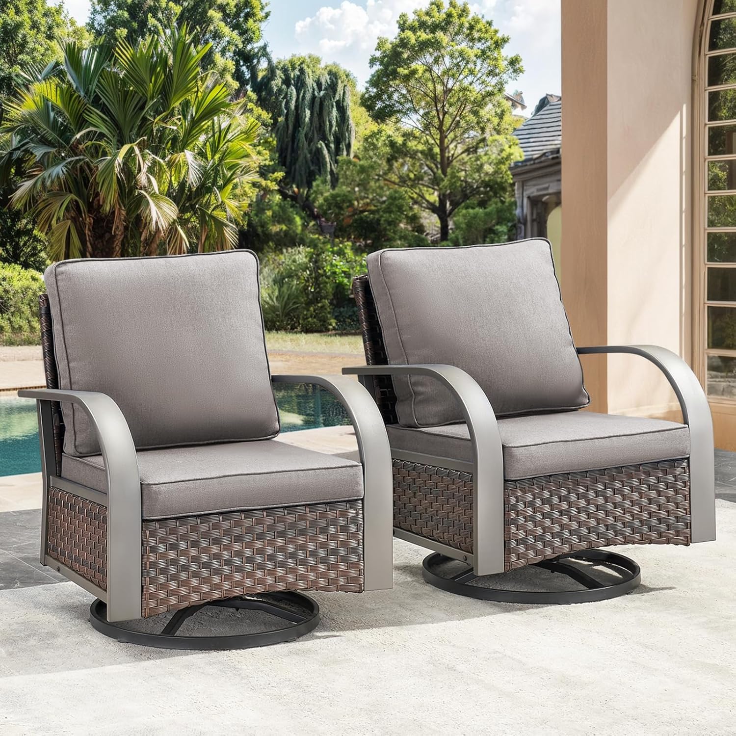 Patio Swivel Glider Outdoor Chair-All Weather Rattan Wicker Patio Swivel Rocking Chairs Porch Chair for Deck Porch Lawn Garden Backyard-Brown/Grey