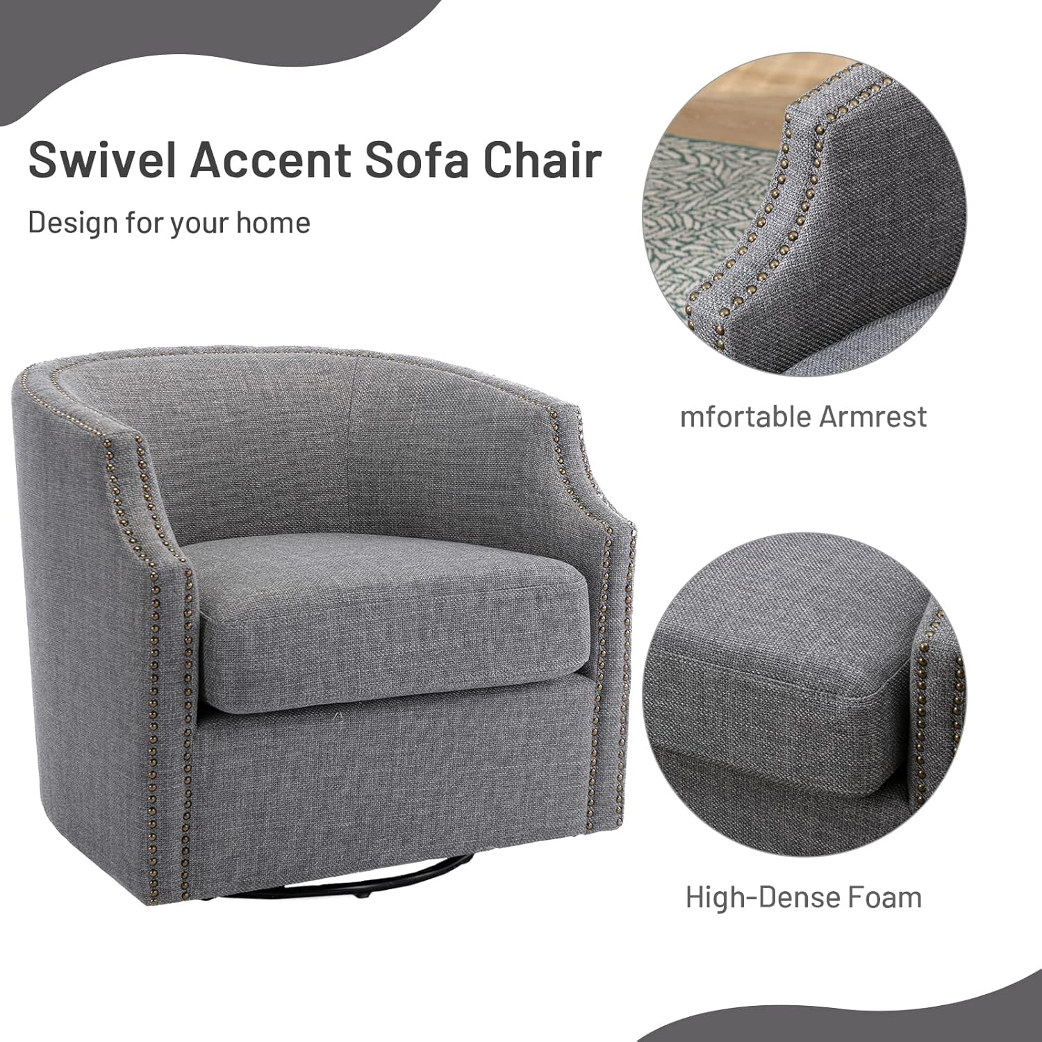 Modern Swivel Accent Chair, Upholstered Barrel Armchair with Swivel Base, Club Round Chair
