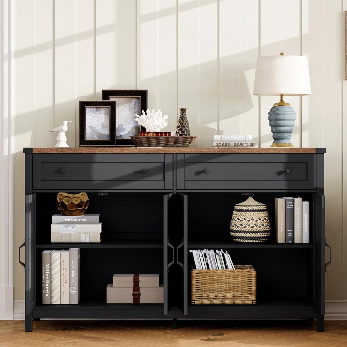 Sideboard Buffet Cabinet with Storage, Buffet Storage Cabinet with 2 Drawers and 4 Barn Doors