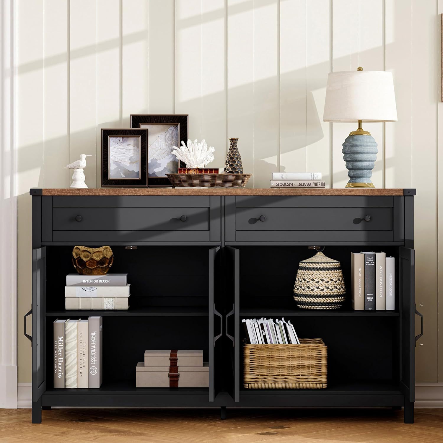 Sideboard Buffet Cabinet with Storage, Buffet Storage Cabinet with 2 Drawers and 4 Barn Doors