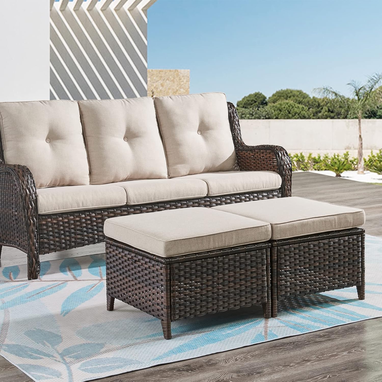 Outdoor Ottomans for Patio Set of 2 PE Wicker Steel Frame Outdoor Footstool for Patio, Backyard, Additional Seating, Side Tables with Removable Weather-Resistant Cushions
