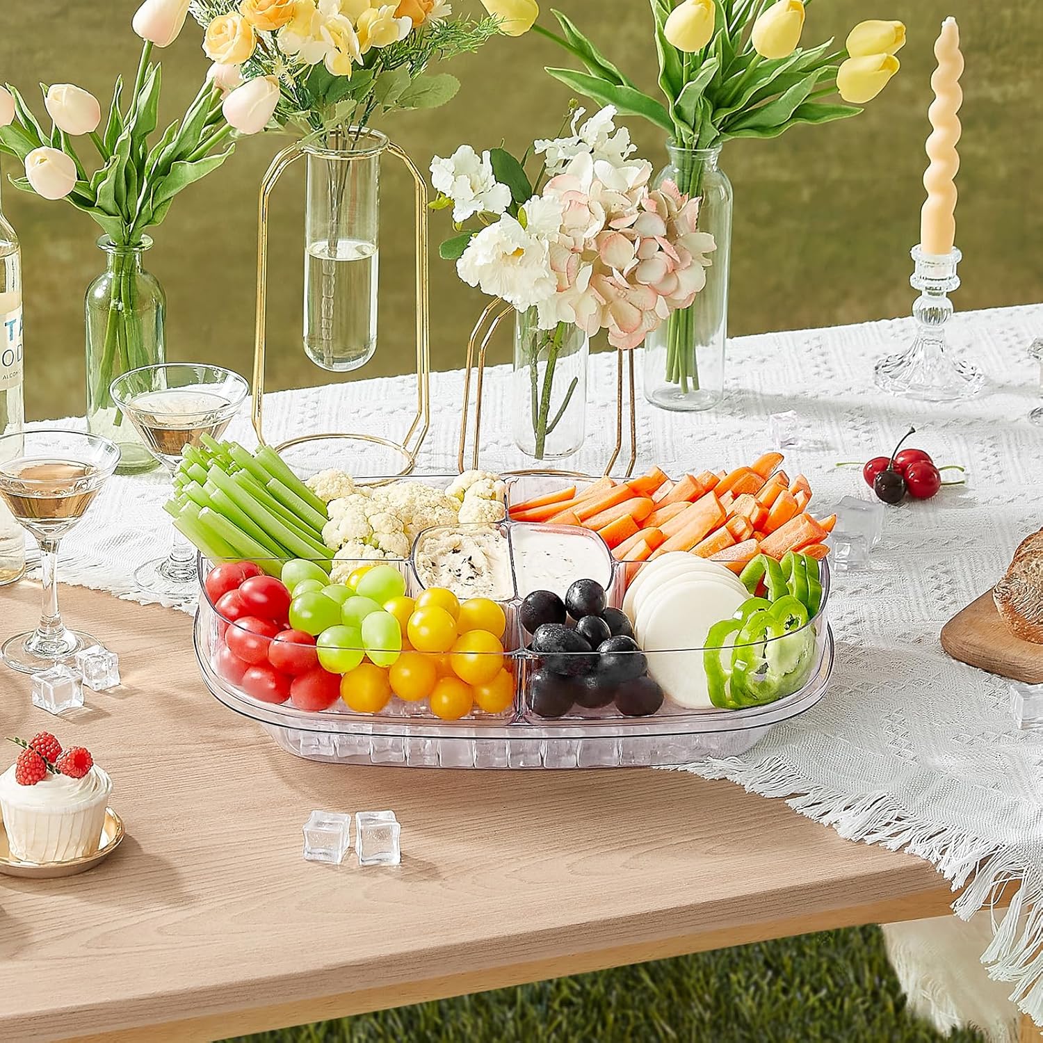 Chilled Serving Tray with Lid, 15" Shrimp Cocktail Platter with 6 Compartments, Divided Serving Bowl