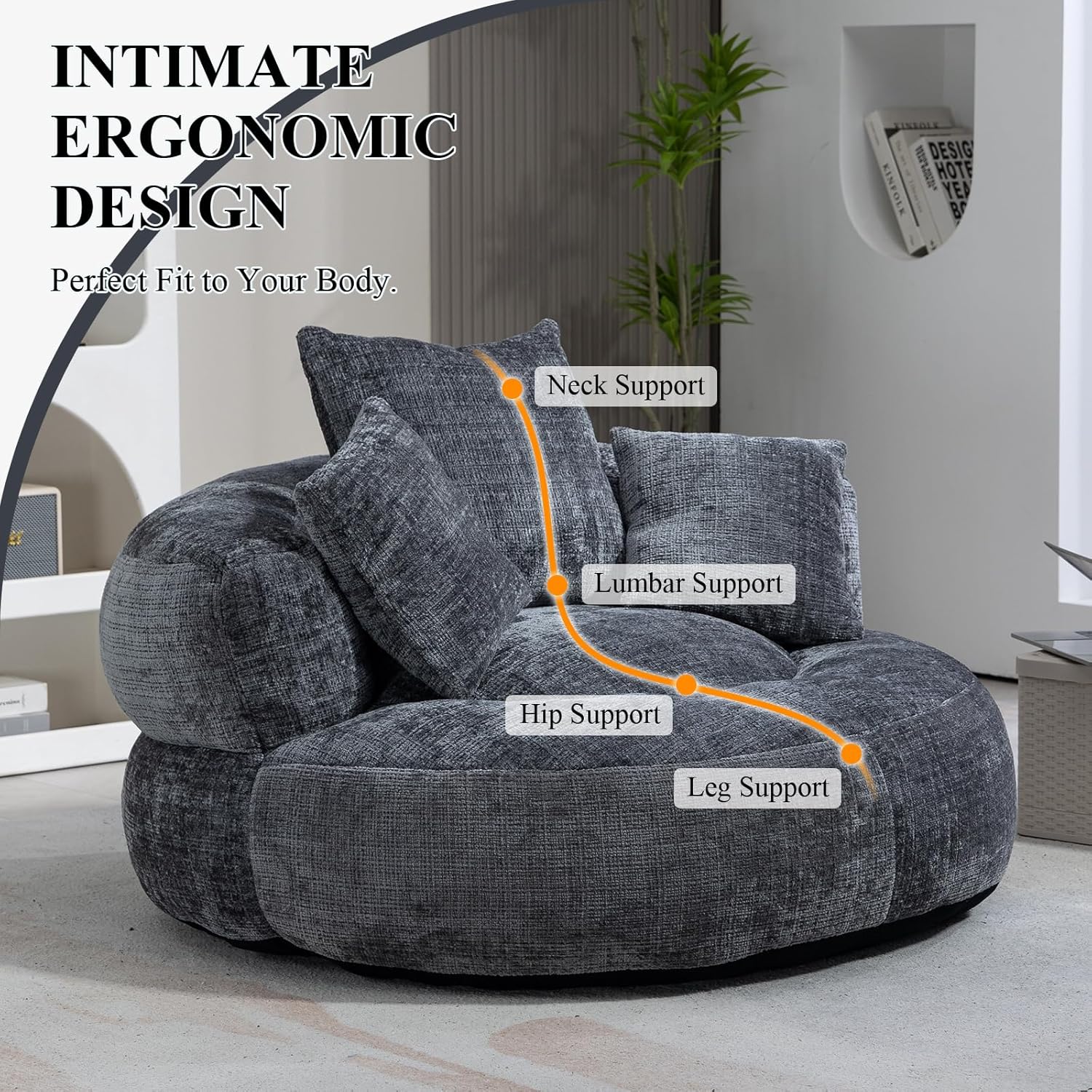 Round Bean Bag Chair for Adult, Chenille Upholstered Bean Bag Sofa with Pillows, Giant Bean Bag Couch