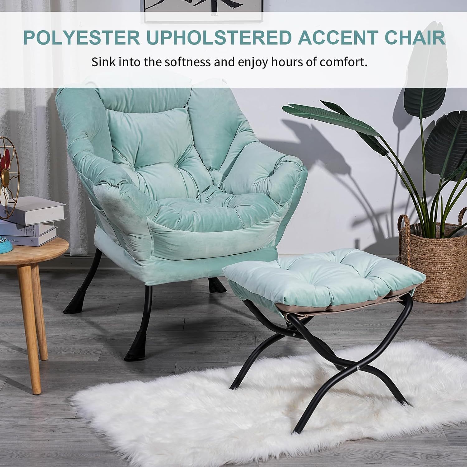 Polyester Upholstered Accent Chair, Button Tufted Living Room Armchair with Footstool and Side Pocket