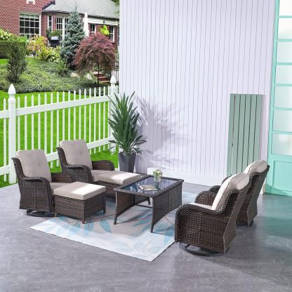 7 Piece Patio Furniture Set Outdoor PE Wicker Swivel Patio Chairs with Coffee Table and Ottomans