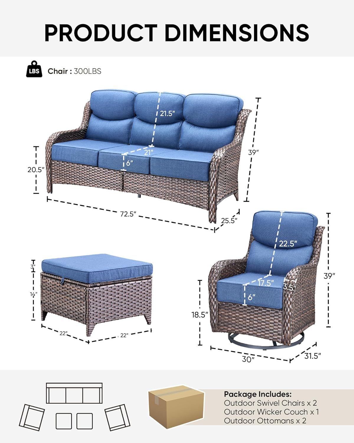 Wicker Patio Furniture Set 6 Inch Thick Cushion Outdoor Swivel Rocker Patio Chairs with Deep Seat Sofa 5PCS Outdoor Furniture Set for Porch Garden Deck
