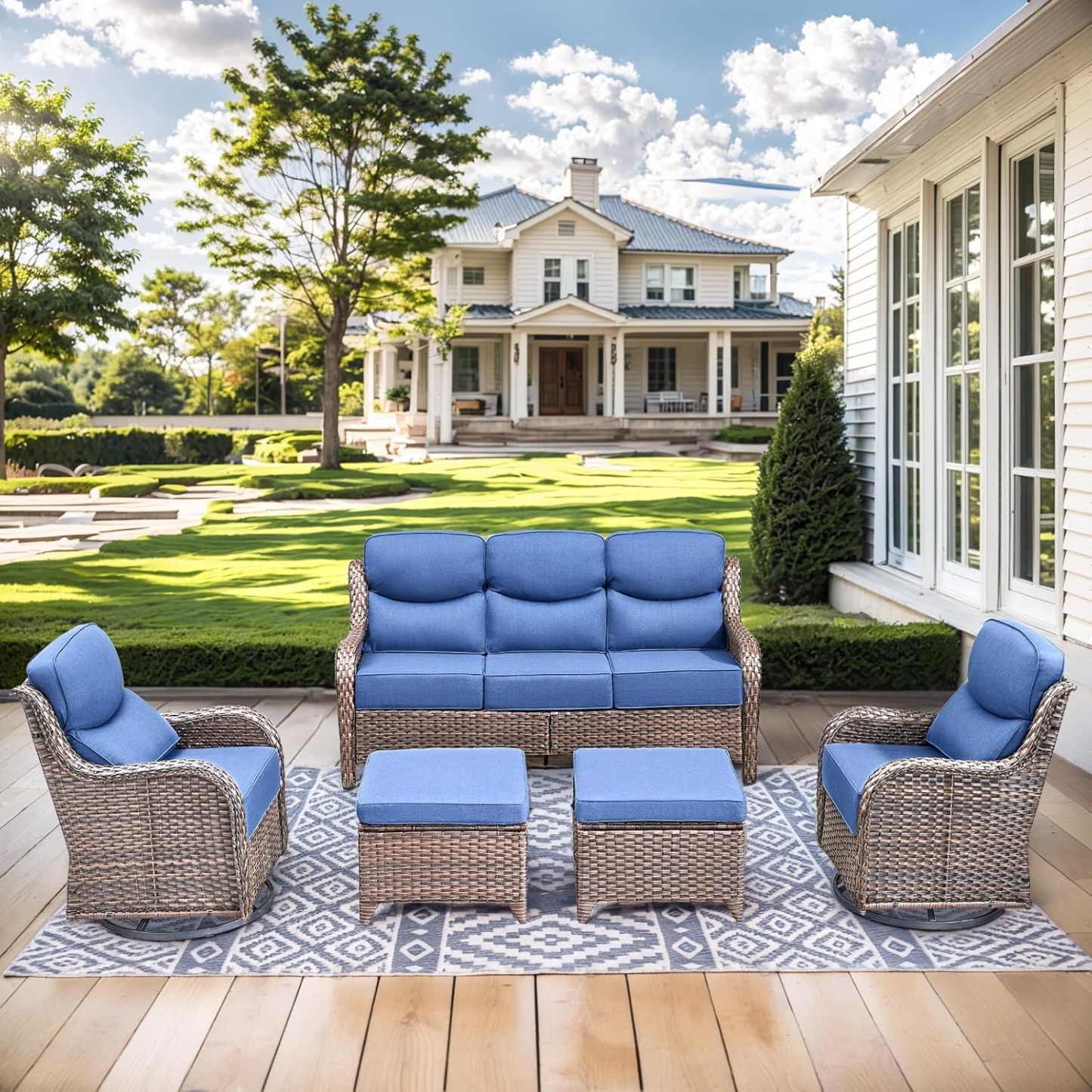 Wicker Patio Furniture Set 6 Inch Thick Cushion Outdoor Swivel Rocker Patio Chairs with Deep Seat Sofa 5PCS Outdoor Furniture Set for Porch Garden Deck