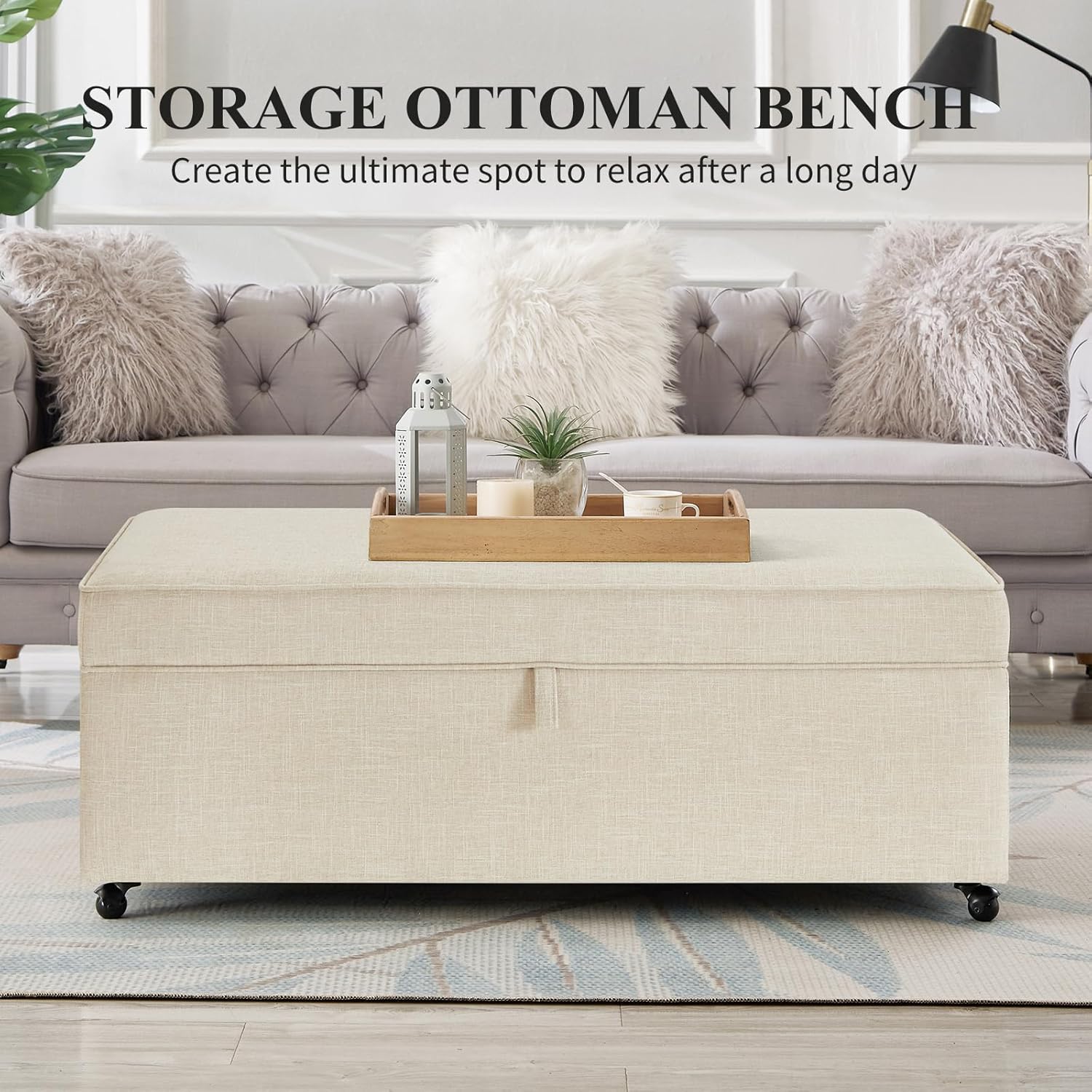 Storage Ottoman Bench, Linen Upholstered Ottoman Bench with Wheels, Multi-Function Bed Bench with Wood Frame