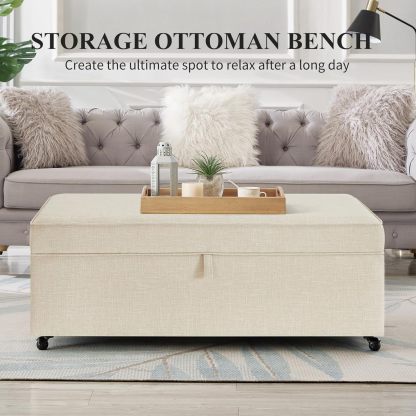 Storage Ottoman Bench, Linen Upholstered Ottoman Bench with Wheels, Multi-Function Bed Bench with Wood Frame