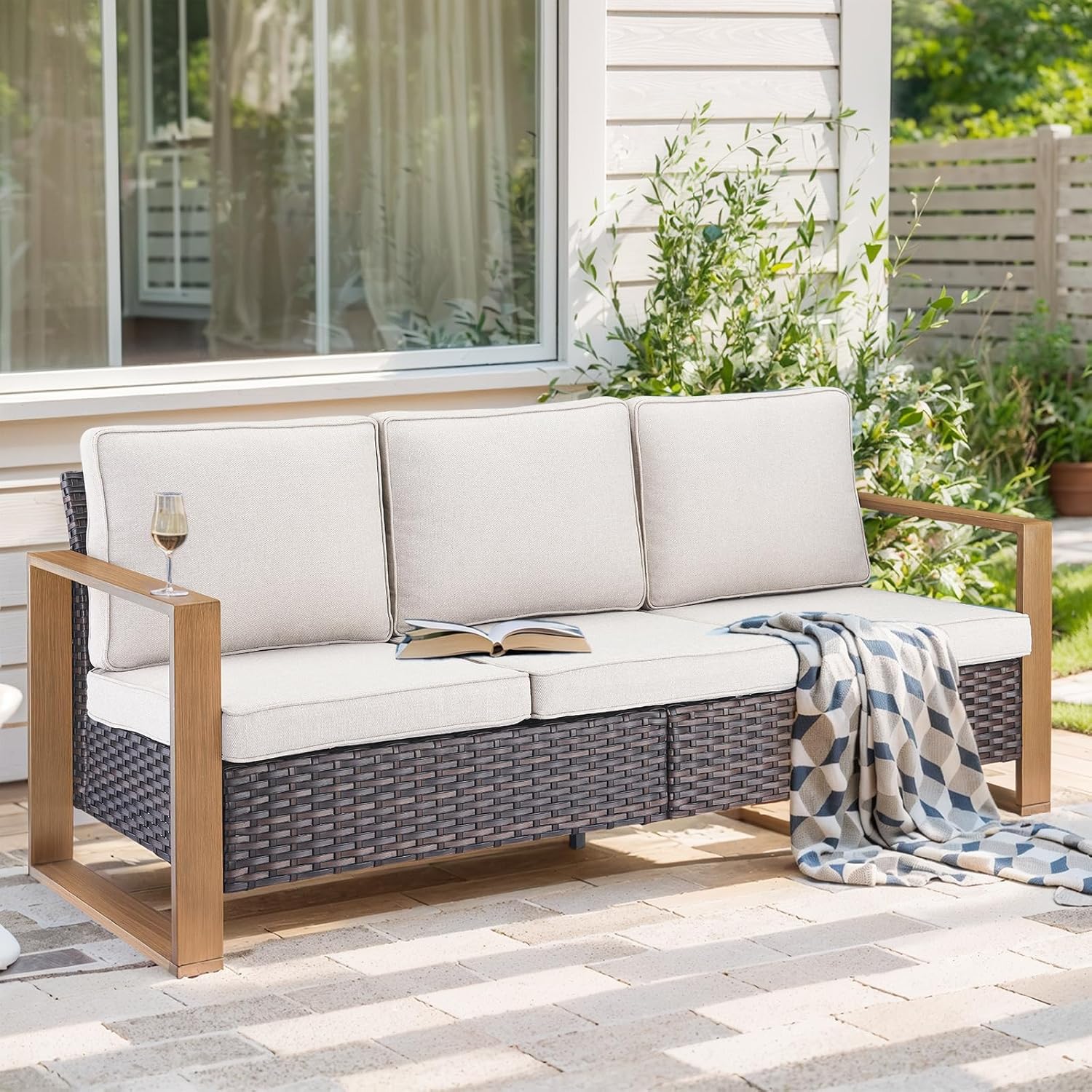 Outdoor Wicker Sofa-3 Seater Rattan High Back Couch Patio Sofa for Deck Porch Garden Balcony Poolside