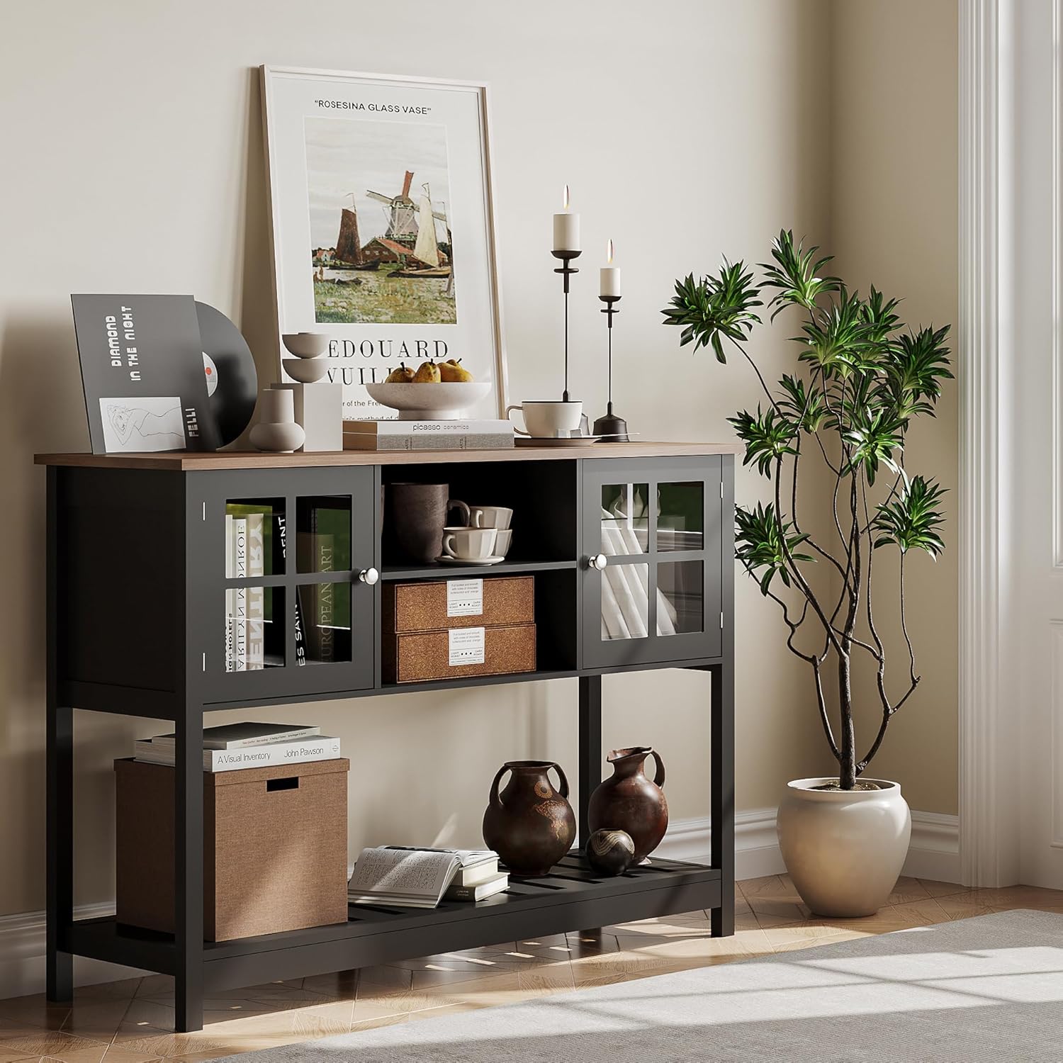 Black Entryway Table with Storage & Doors, Console Table with Adjustable Shelf