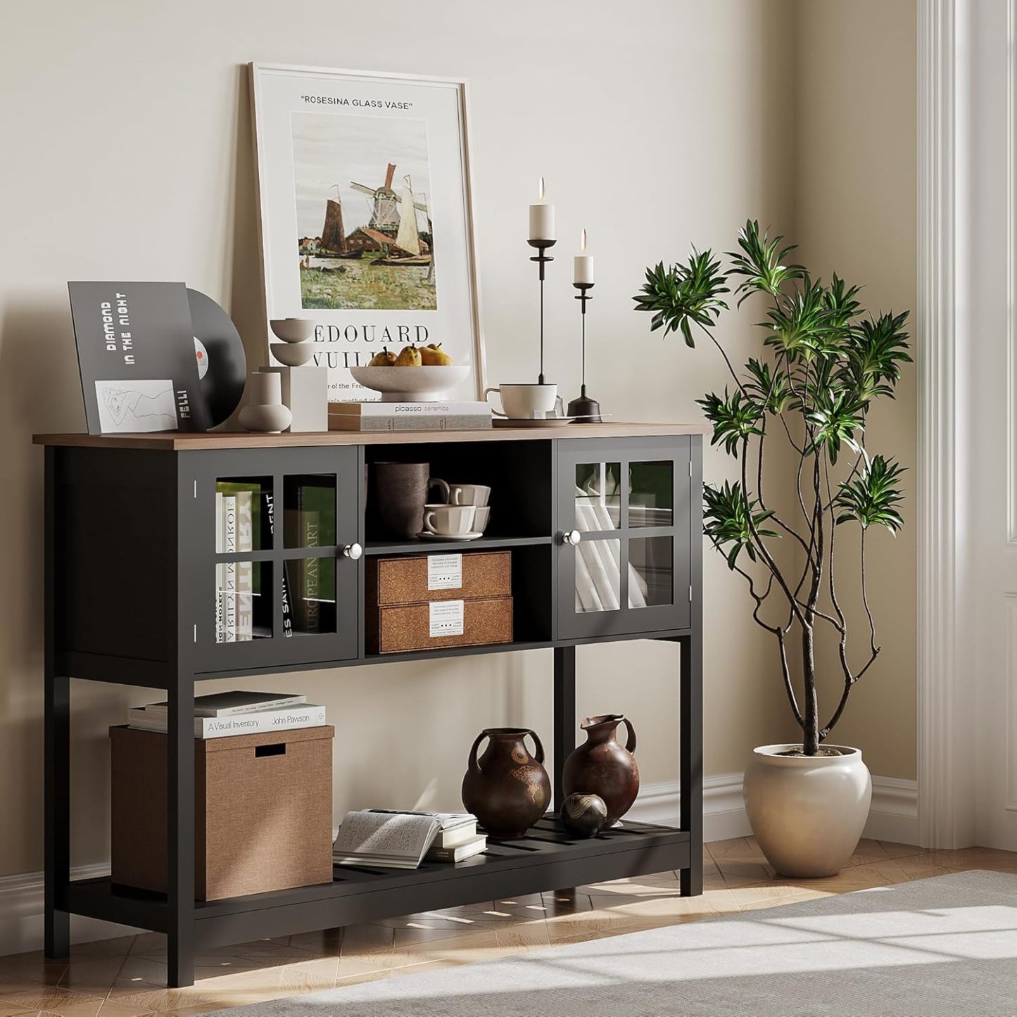 Black Entryway Table with Storage & Doors, Console Table with Adjustable Shelf