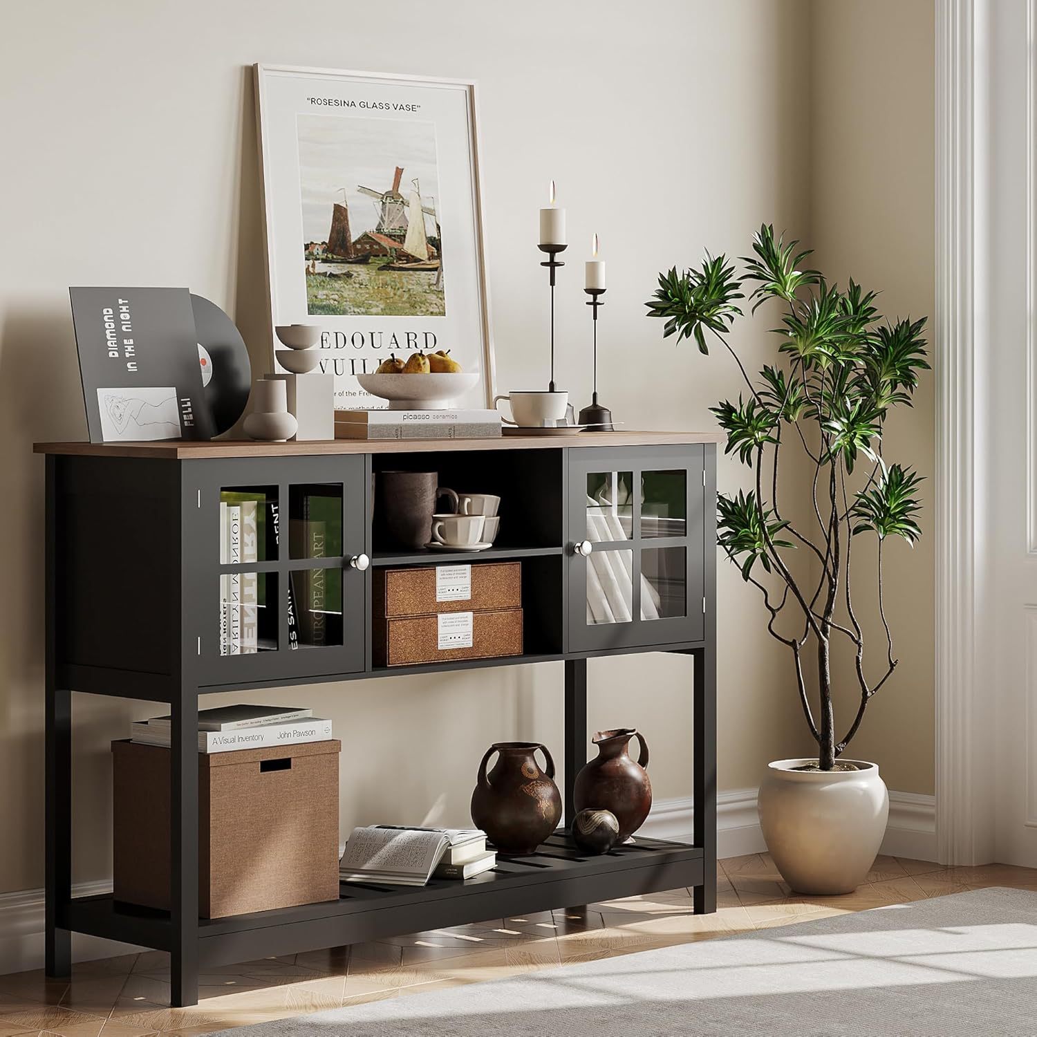 Black Entryway Table with Storage & Doors, Console Table with Adjustable Shelf