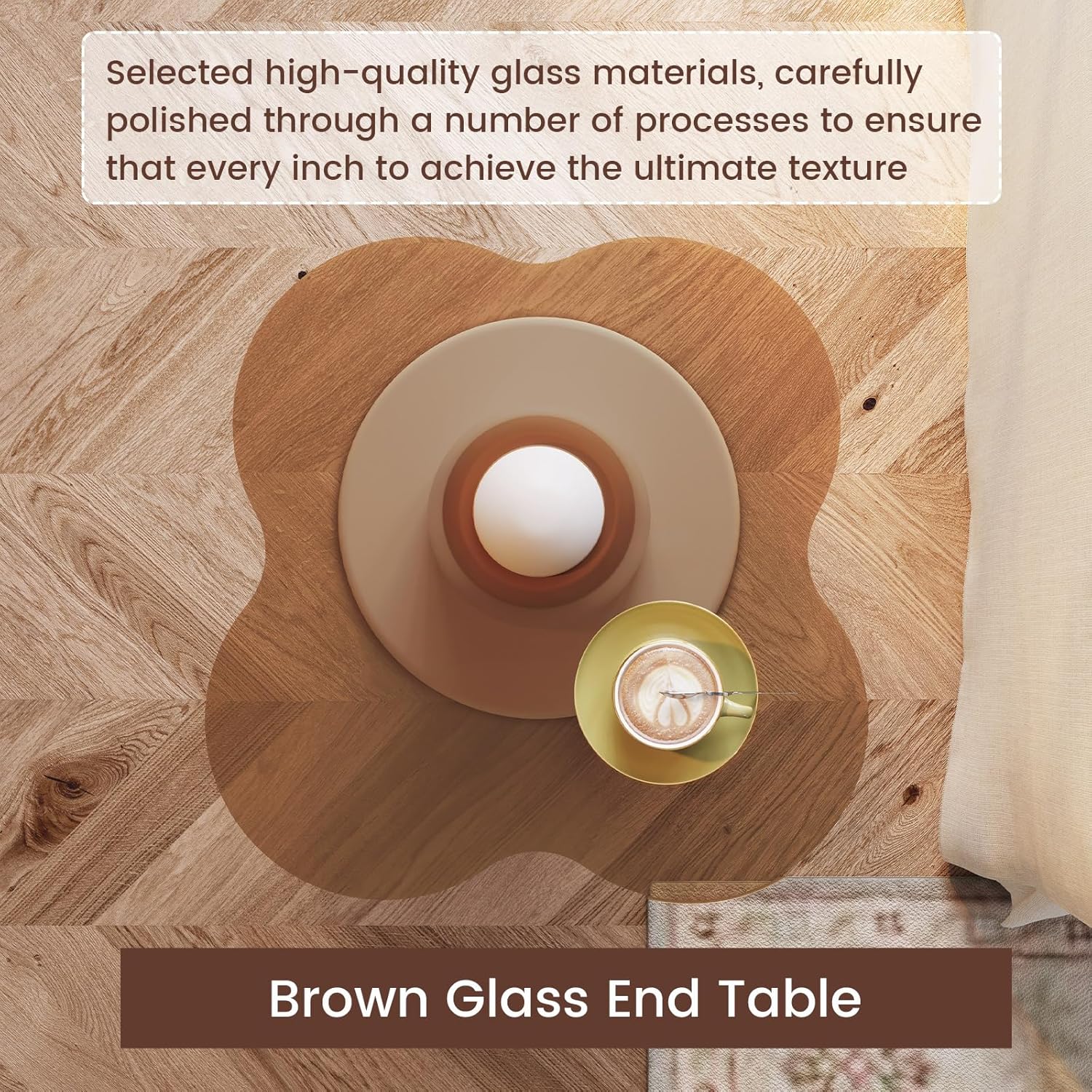 Compact Brown Glass Coffee Table, Brown Tempered Glass End Table, Modern Coffee Table with White Stable Pedestal