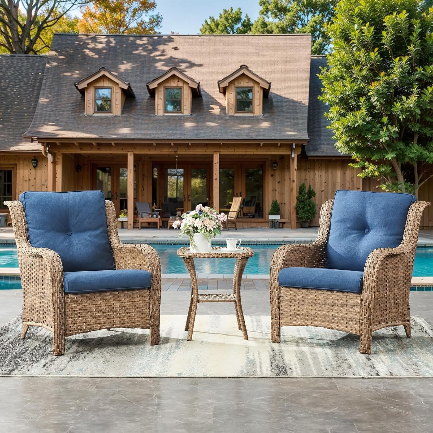 3 Pieces Patio Bistro Set Wicker Patio Chairs Set of 2 with Tempered Glass Top Side Table Rattan Outdoor Furniture Conversation Set