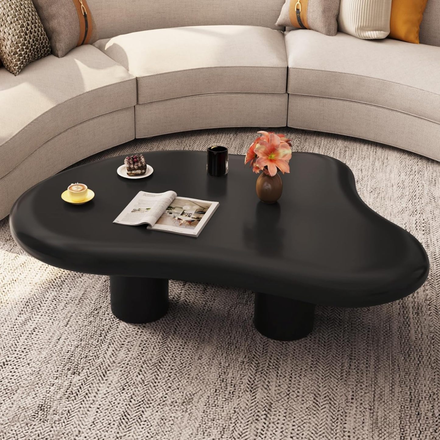 35.82" Black Cloud Coffee Table, Modern Round Edge Coffee Table with 4 Sturdy Support Legs and 2.67" Thick Tabletop,Easy Match for Living Room