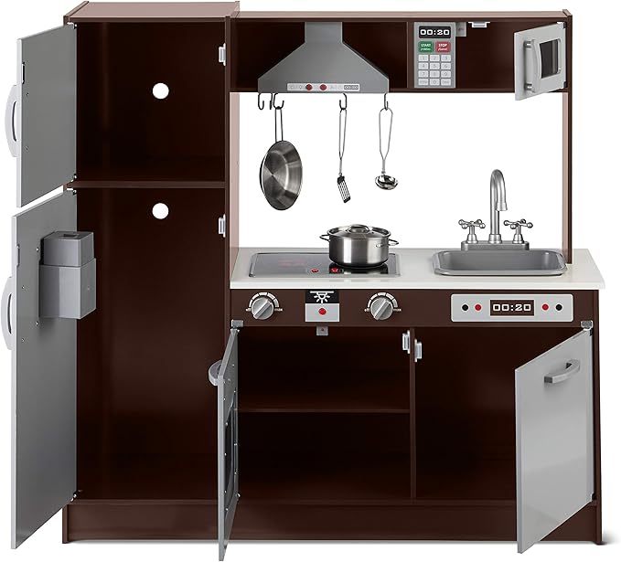 Kids Upright Wooden Kitchen Toy Playset with Stove, Oven, Sink, Fridge and Accessories