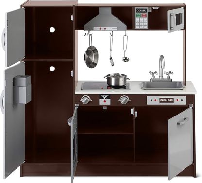 Kids Upright Wooden Kitchen Toy Playset with Stove, Oven, Sink, Fridge and Accessories