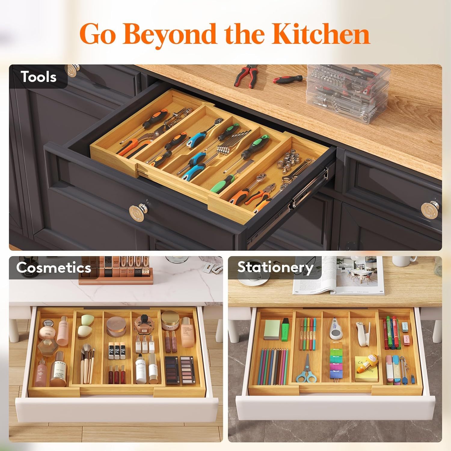 Utensil Organizer for Kitchen Drawer, Expandable Cooking Utensil Tray, Bamboo Cutlery Silverware Flatware Holder