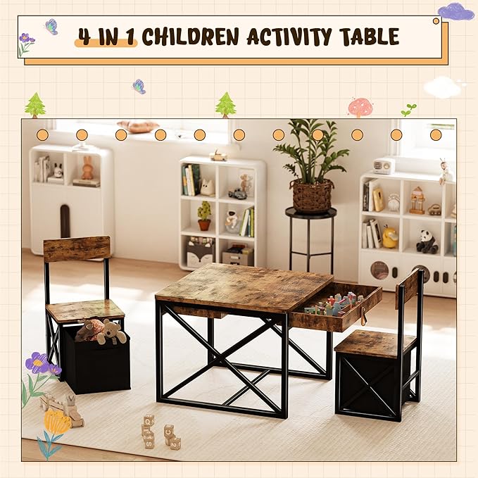 Kids Table and 2 Chairs Set, 4 in 1 Toddler Activity Table and Chairs Set with Storage, Children Desk and Chairs Set for Crafts