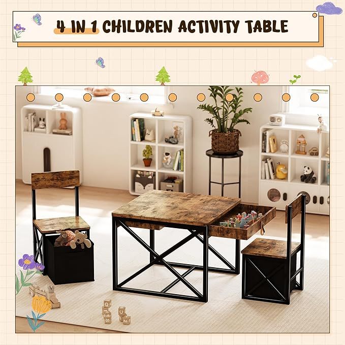 Kids Table and 2 Chairs Set, 4 in 1 Toddler Activity Table and Chairs Set with Storage, Children Desk and Chairs Set for Crafts