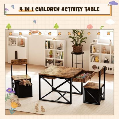 Kids Table and 2 Chairs Set, 4 in 1 Toddler Activity Table and Chairs Set with Storage, Children Desk and Chairs Set for Crafts