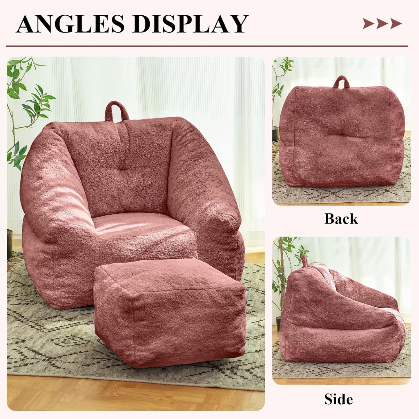 Bean Bag Chair for Adult, Teddy Upholstered Bean Bag Sofa with Large Footrest, Stuffed Beanbag Sofa Chair with Pull-Ring