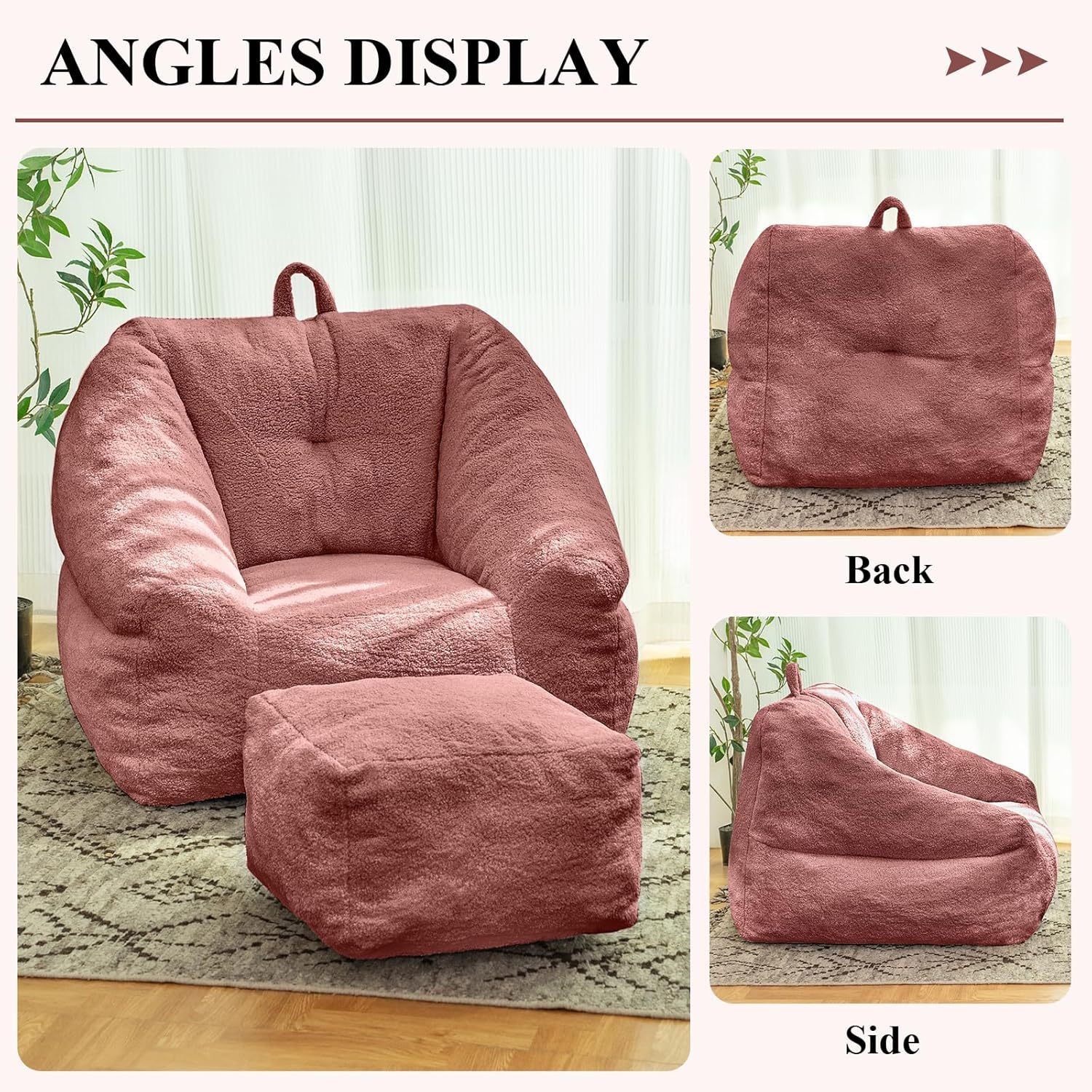 Bean Bag Chair for Adult, Teddy Upholstered Bean Bag Sofa with Large Footrest, Stuffed Beanbag Sofa Chair with Pull-Ring