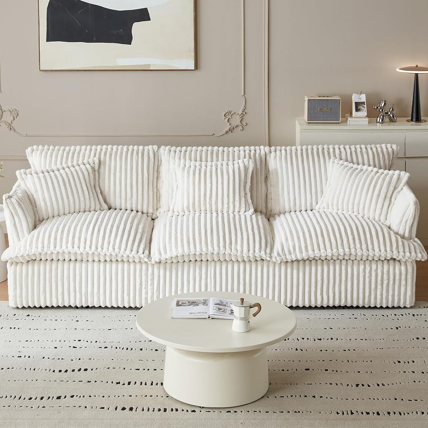 101" Spacious Corduroy Futon Couch, 3 Seater White Cloud Couch, Comfy Soft Sofa, Modern Corduroy Couch for Bedroom, 2 Seater Floor Couch for Living Room, Memory Foam Couch(White, 3 Seater)